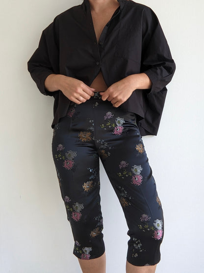 Vintage Floral-Embroidered Silk Capris