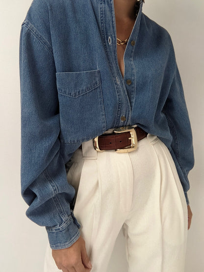 90s Collarless Denim Shirt