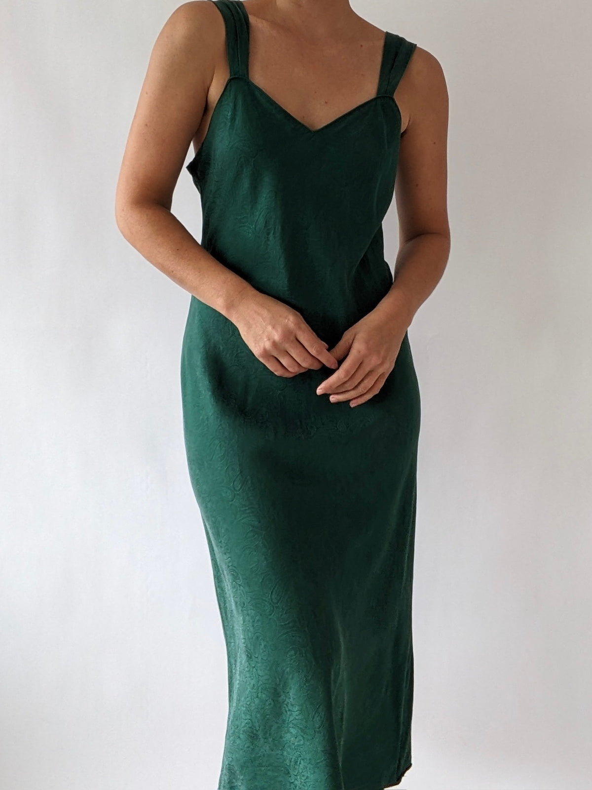Vintage Embossed Moss Green Silk Slip Dress