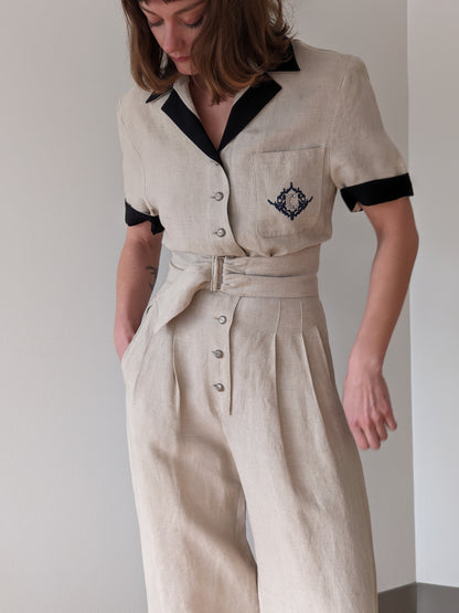 Favorite Vintage Linen Wide Leg Belted Jumpsuit