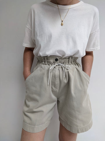 Vintage Khaki Twill Paper-Bag Pleated Shorts
