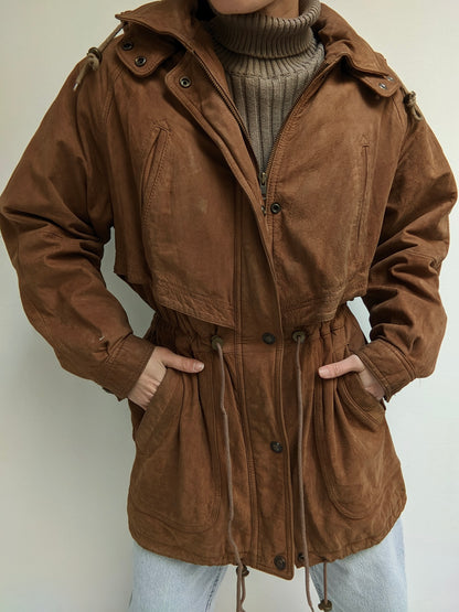 Vintage Tobacco Padded Leather Coat