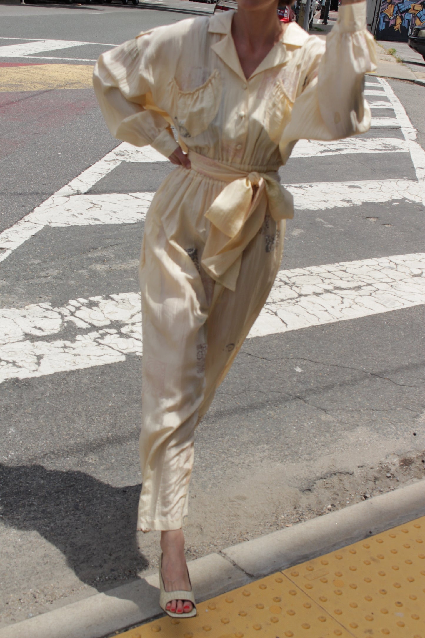 Vintage Block-Printed Butter Silk Jumpsuit