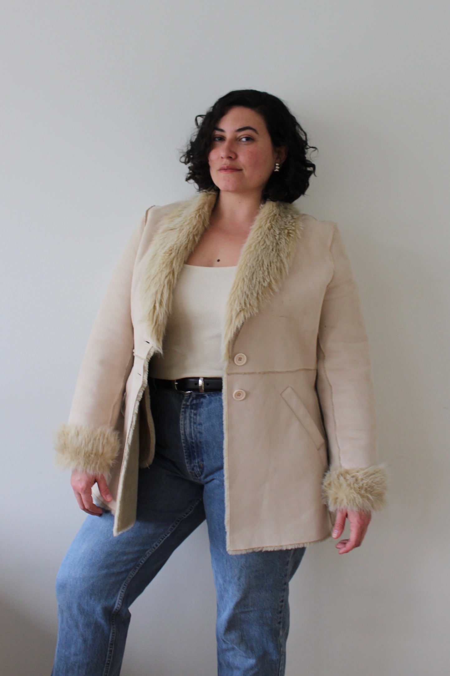 Vintage Latte Faux Suede & Fur Coat