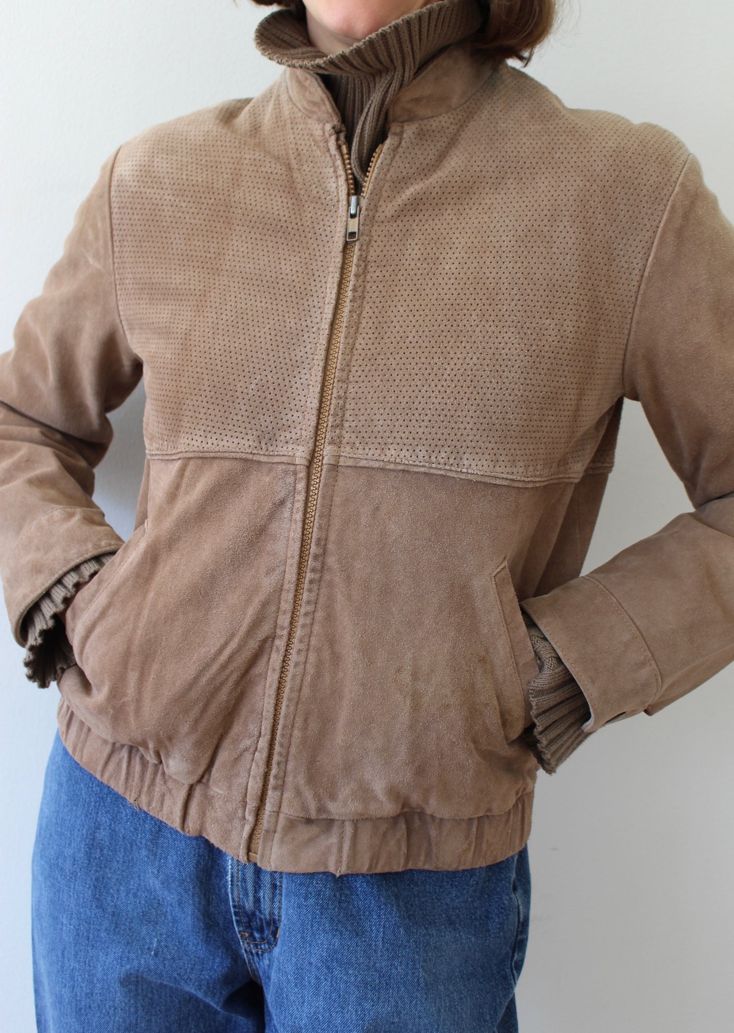 Vintage Cropped Latte Suede Bomber