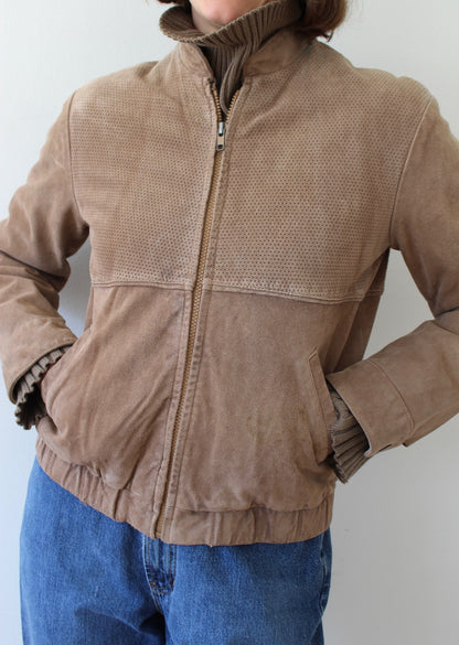 Vintage Cropped Latte Suede Bomber
