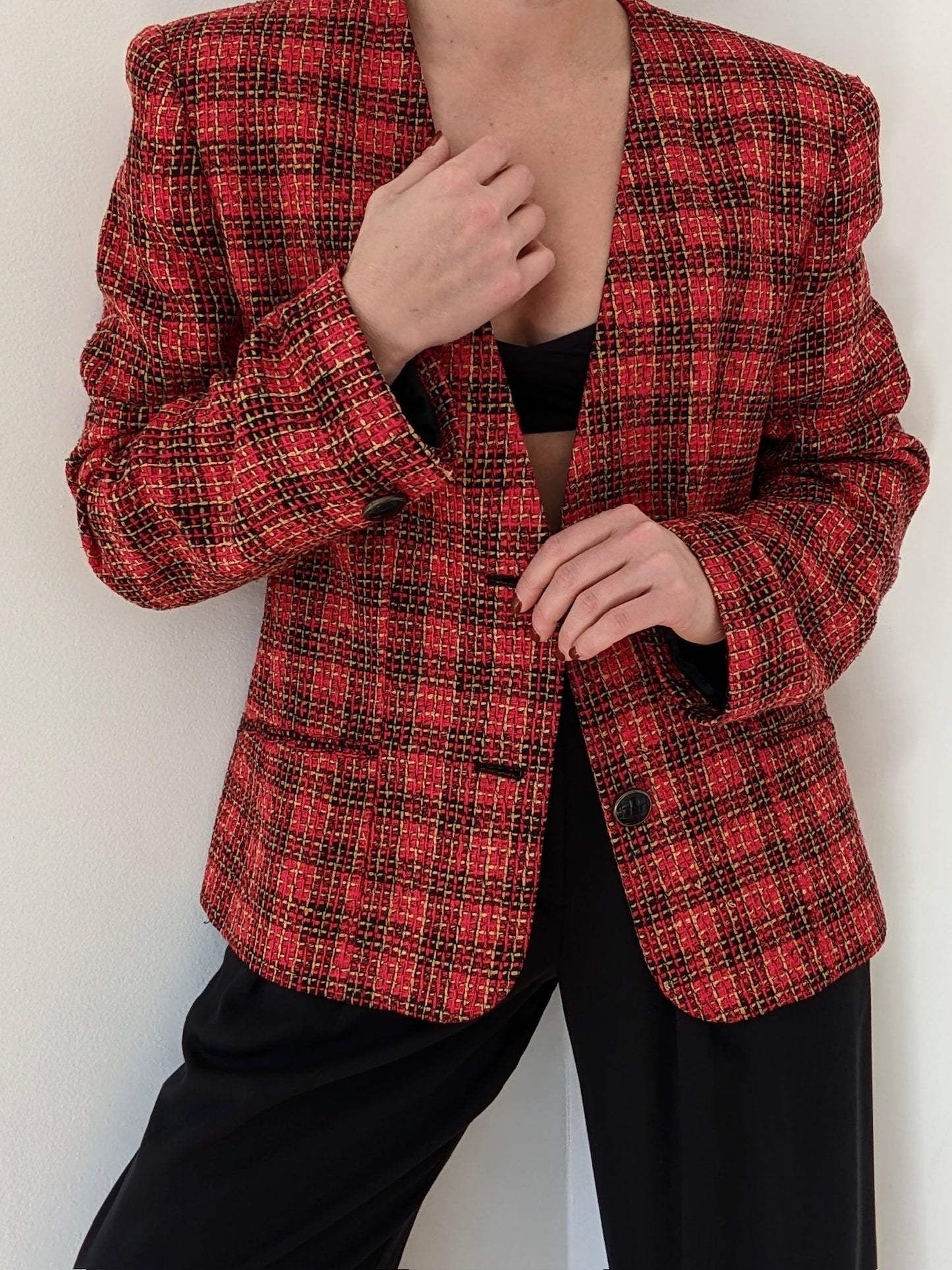 Vintage Crimson Plaid Woven Silk Blazer