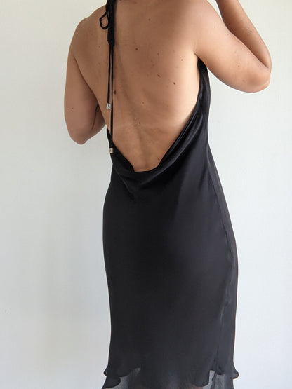 Vintage Ink Black Silk Halter Dress