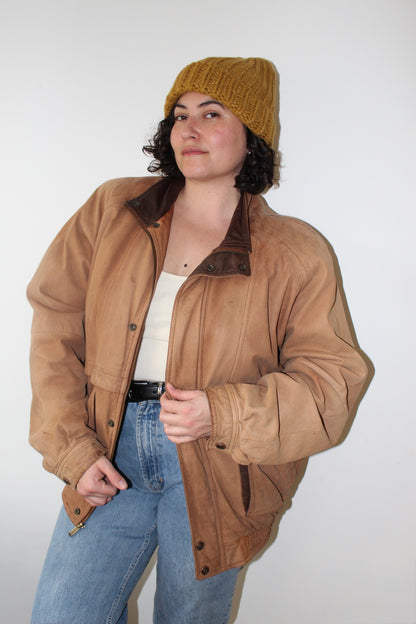 Vintage Saddle Brown Leather Bomber Jacket