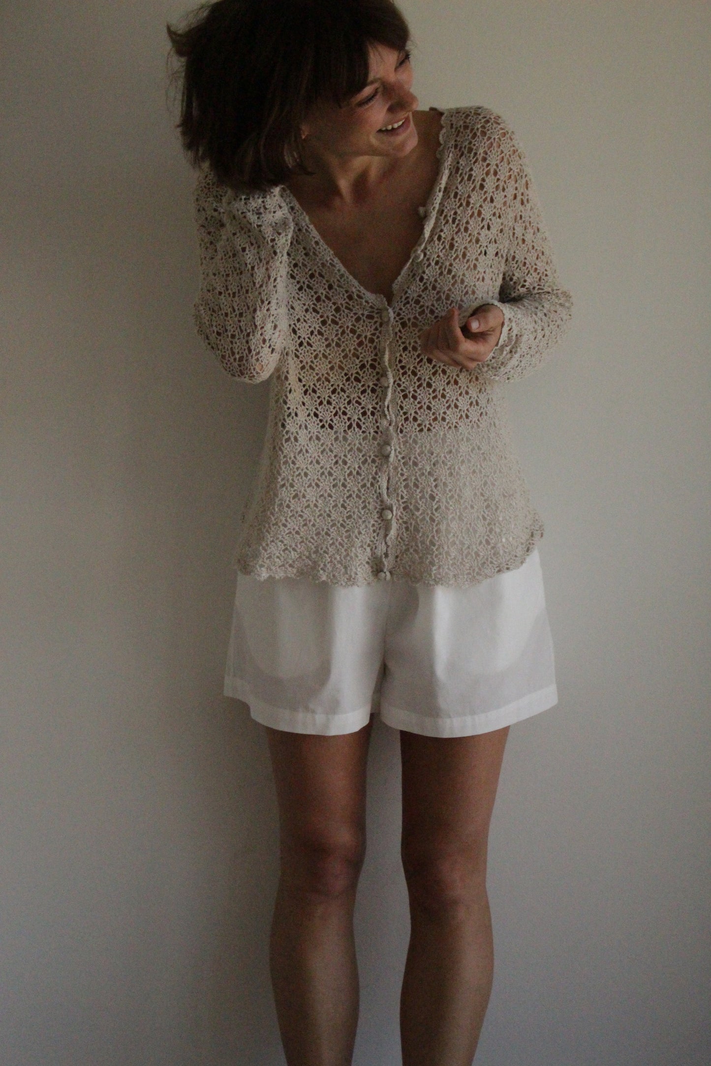 Vintage Stone Crochet Linen Cardigan