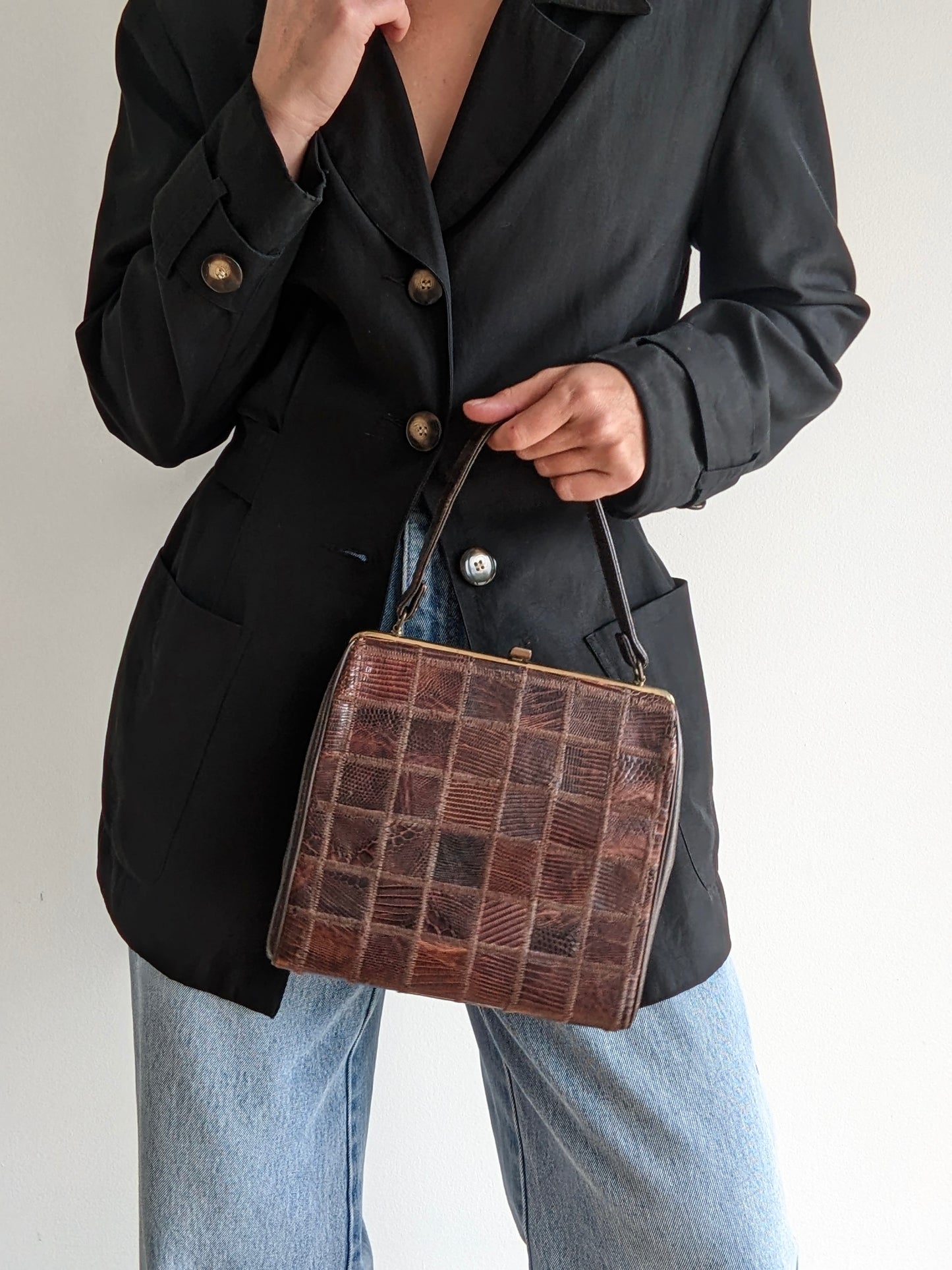Vintage Patchwork Reptile-Embossed Leather Handbag