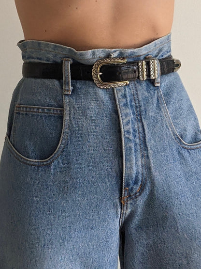 Vintage Black Embossed Leather Belt