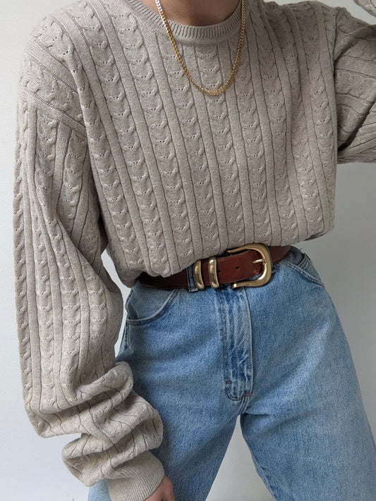 Vintage Wheat Cable Knit Cotton Sweater