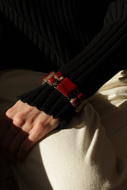 Vintage Modernist Red Jasper & Sterling Silver Bracelet & Earrings Set