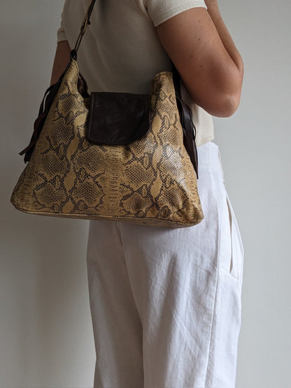 Vintage Snake-Embossed Fringe Leather Bag