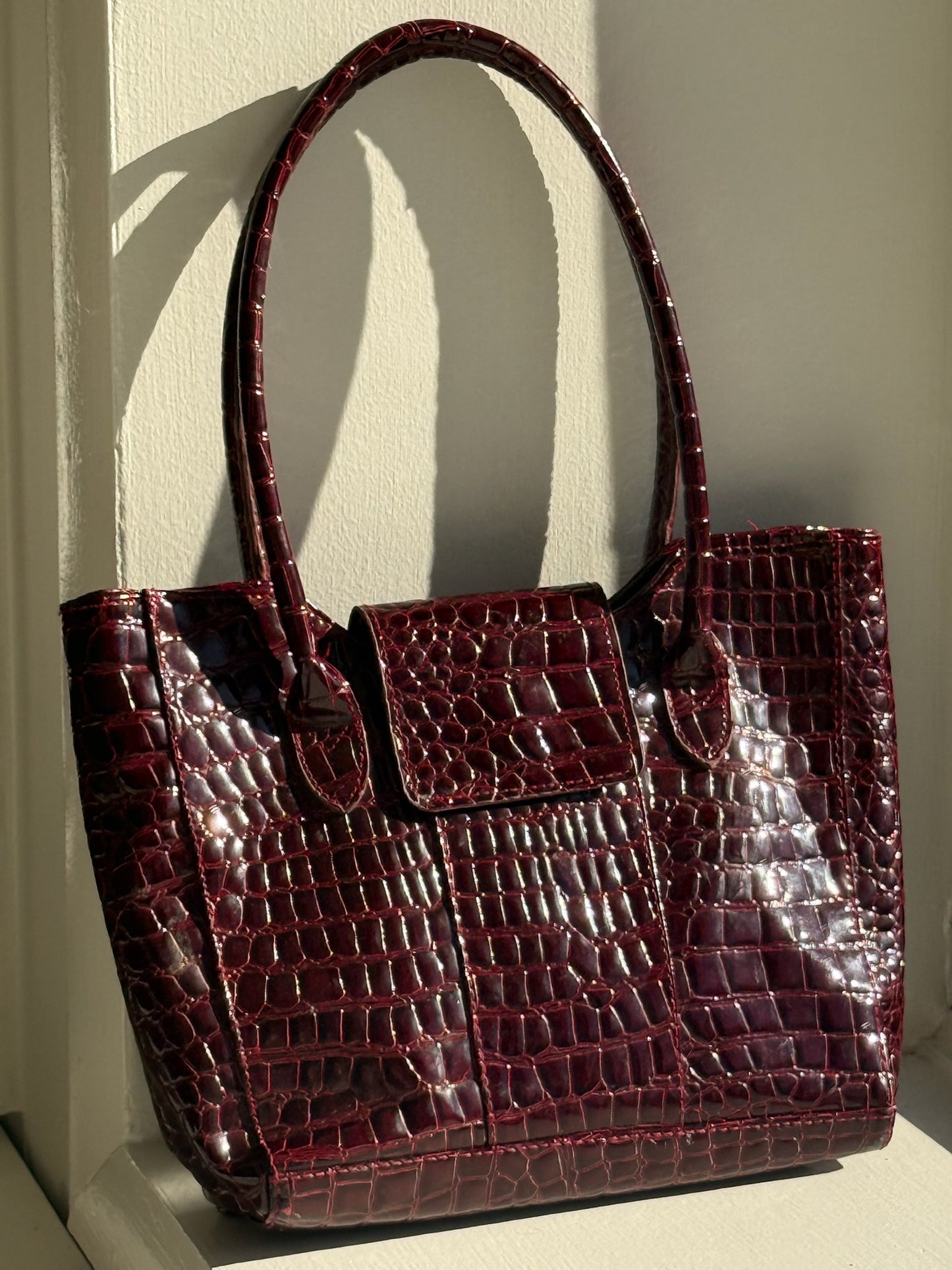 Vintage Burgundy Faux Embossed Leather Tote Purse
