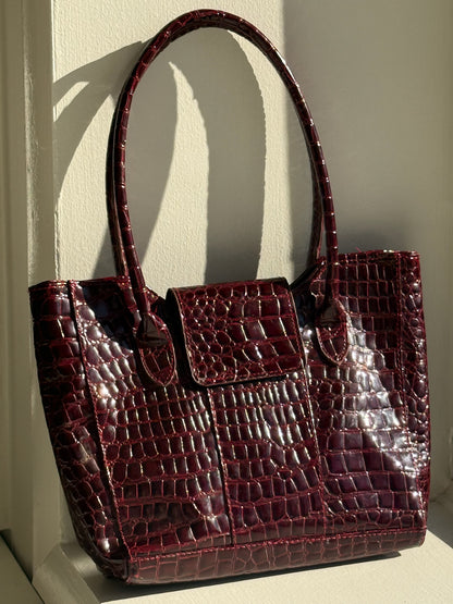 Vintage Burgundy Faux Embossed Leather Tote Purse