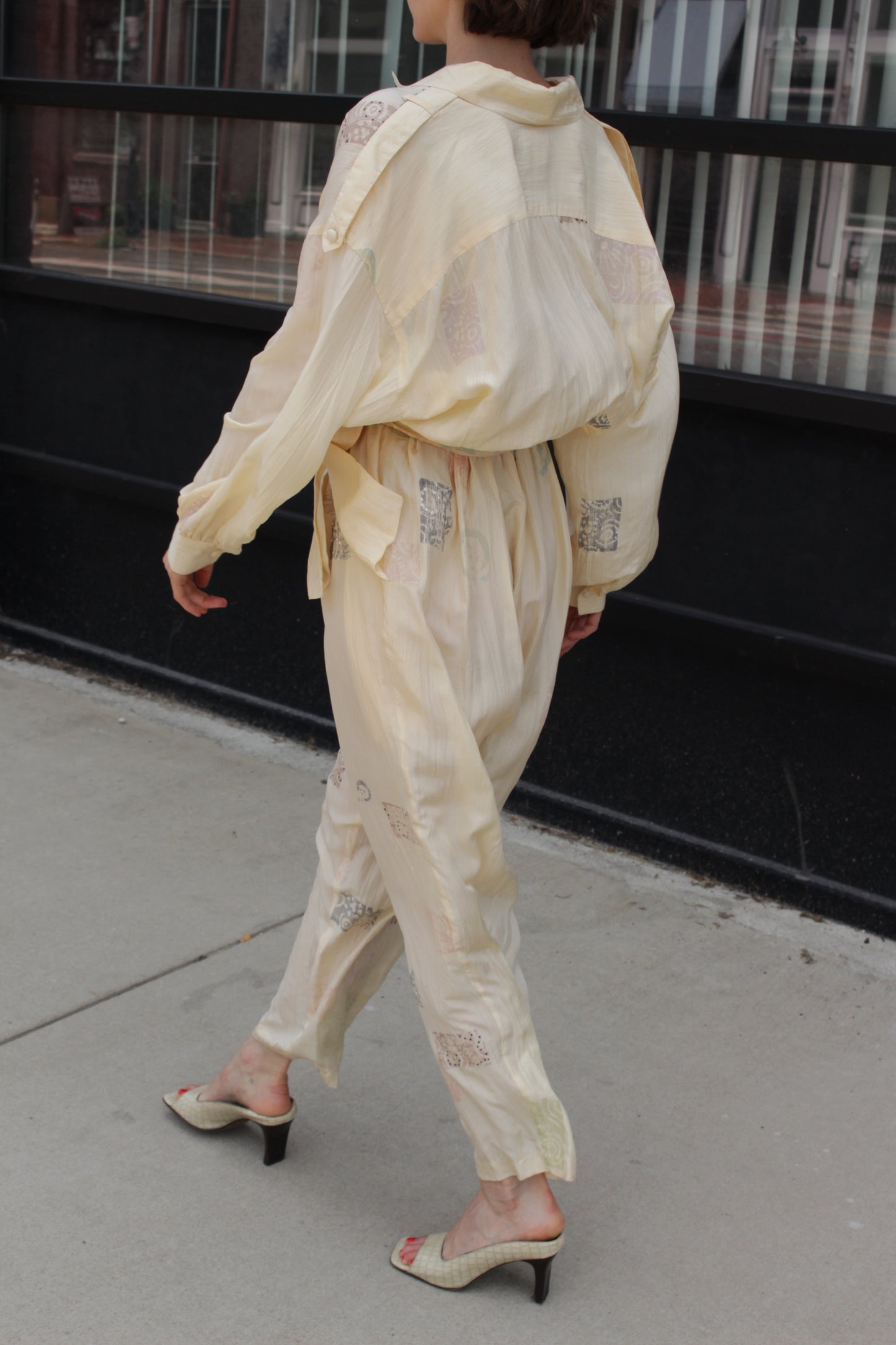 Vintage Block-Printed Butter Silk Jumpsuit