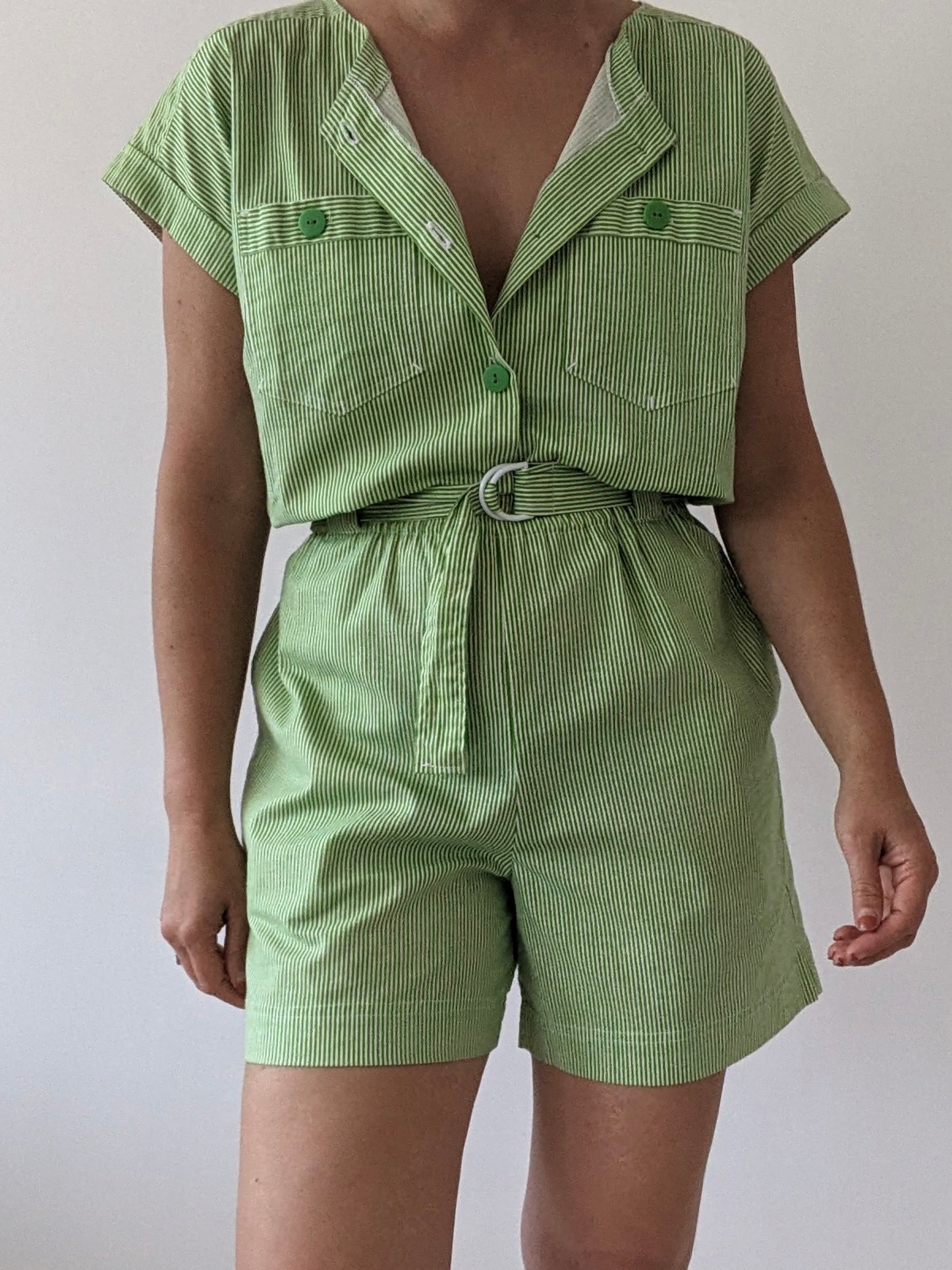 Vintage Lime Striped Cotton Romper