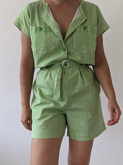 Vintage Lime Striped Cotton Romper