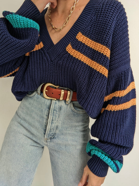 Vintage Striped Blue Cotton V-Neck Sweater