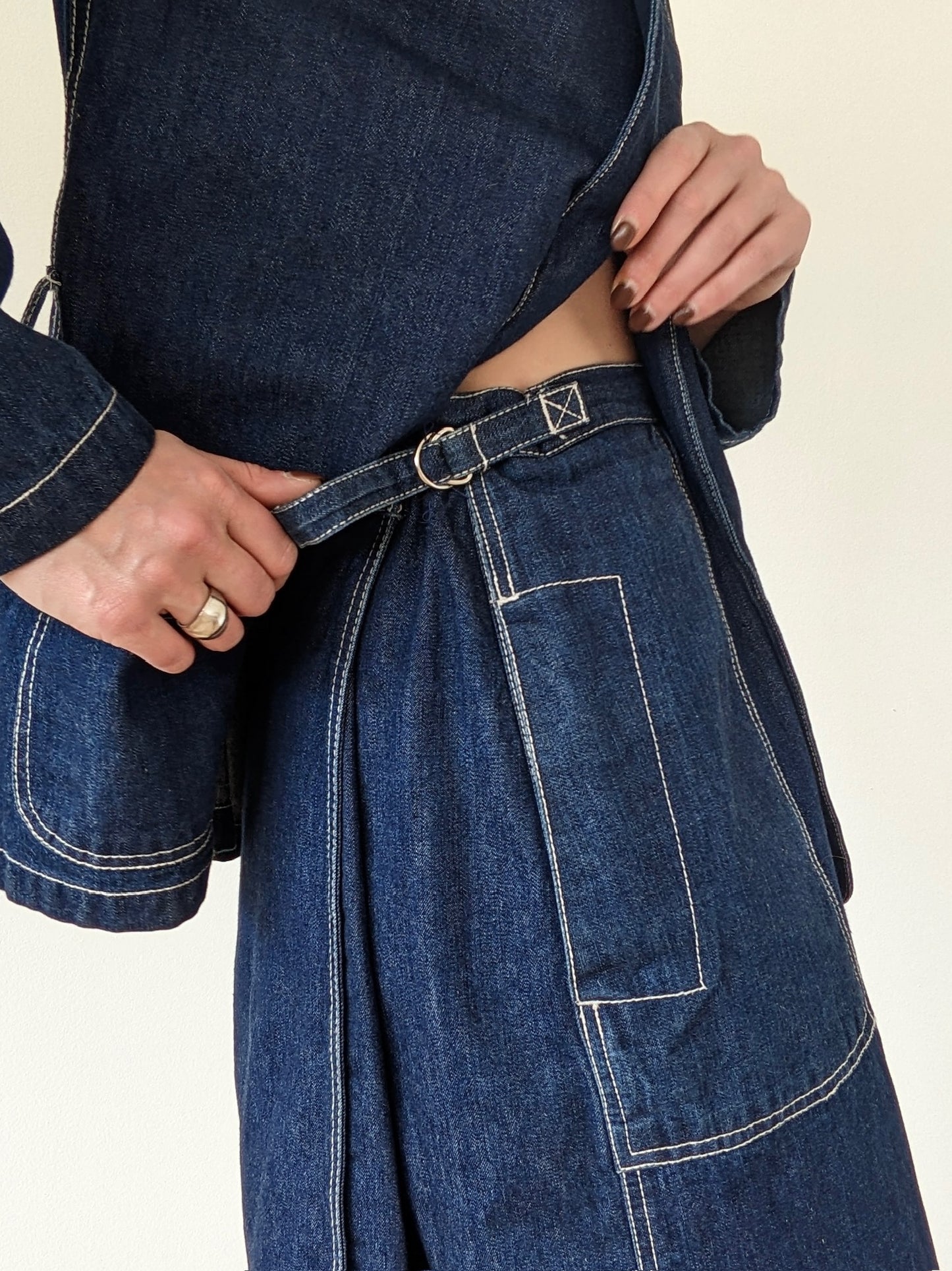 Vintage Belted Dark Wash Denim Wrap Skirt Set