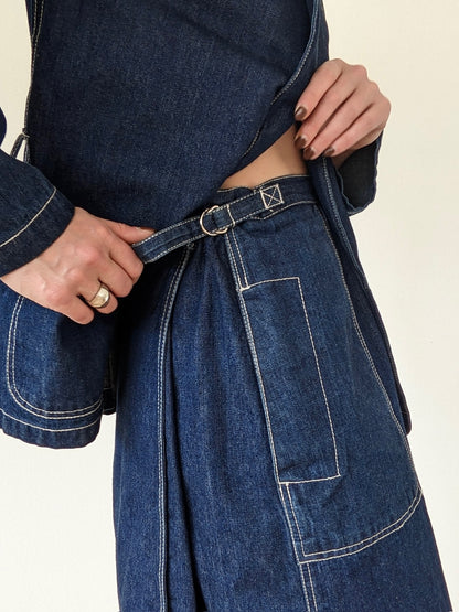 Vintage Belted Dark Wash Denim Wrap Skirt Set