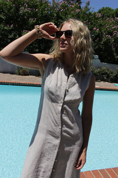 Vintage Pale Oat Buttoned Linen Dress