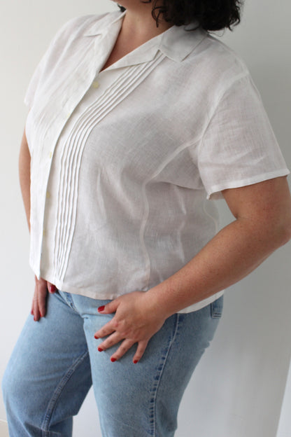 Vintage Ivory Pleated Linen Blouse