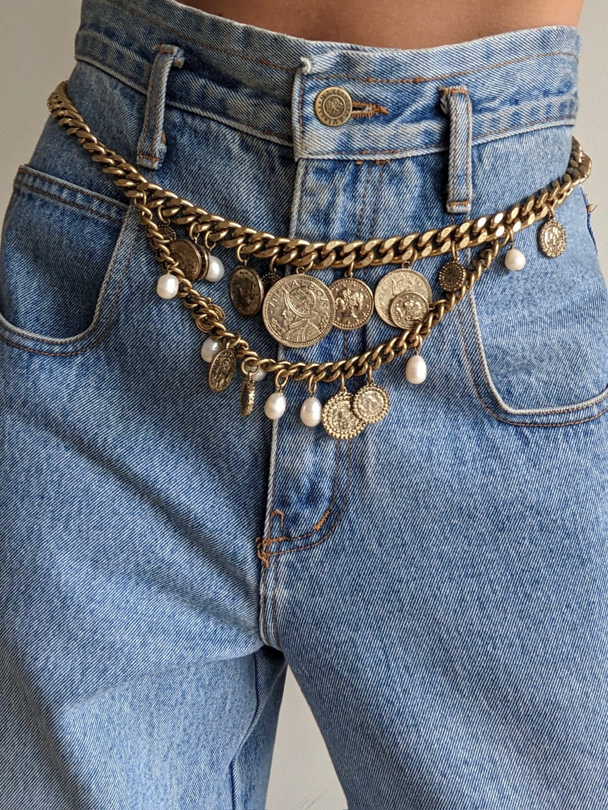 Statement Vintage Coin & Faux Pearl Chain Belt