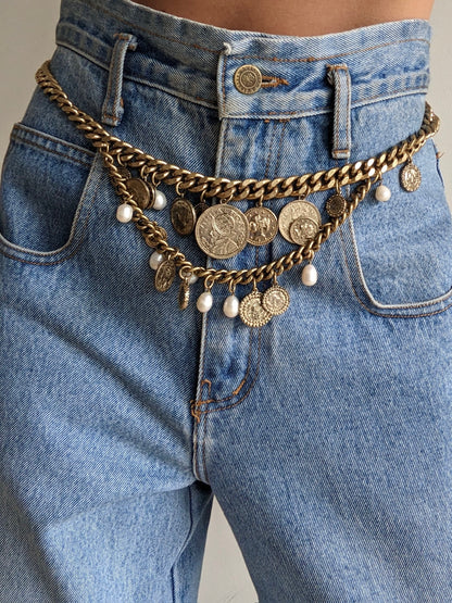 Statement Vintage Coin & Faux Pearl Chain Belt