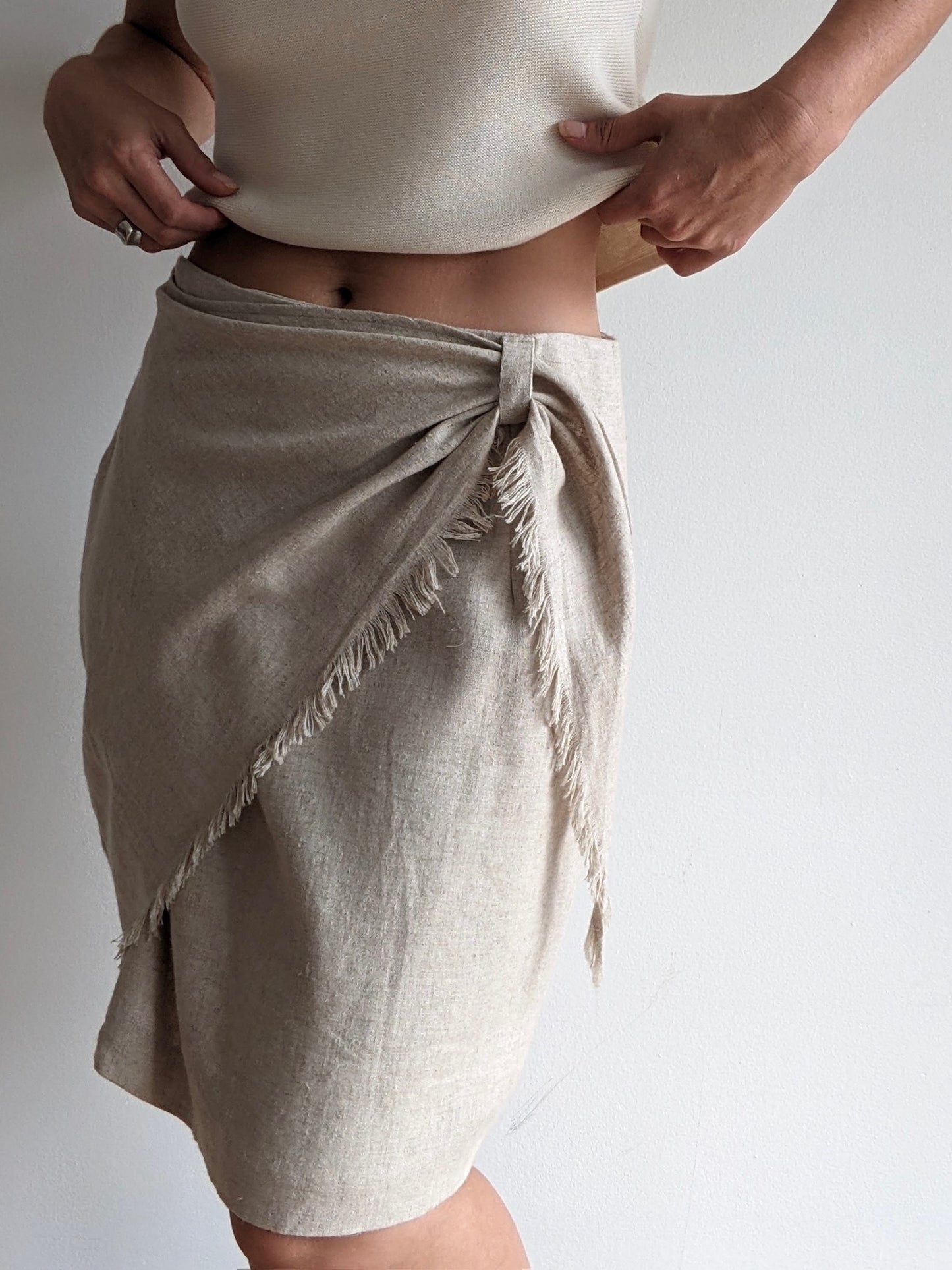 Vintage Wheat Linen Fringe Tie Skirt