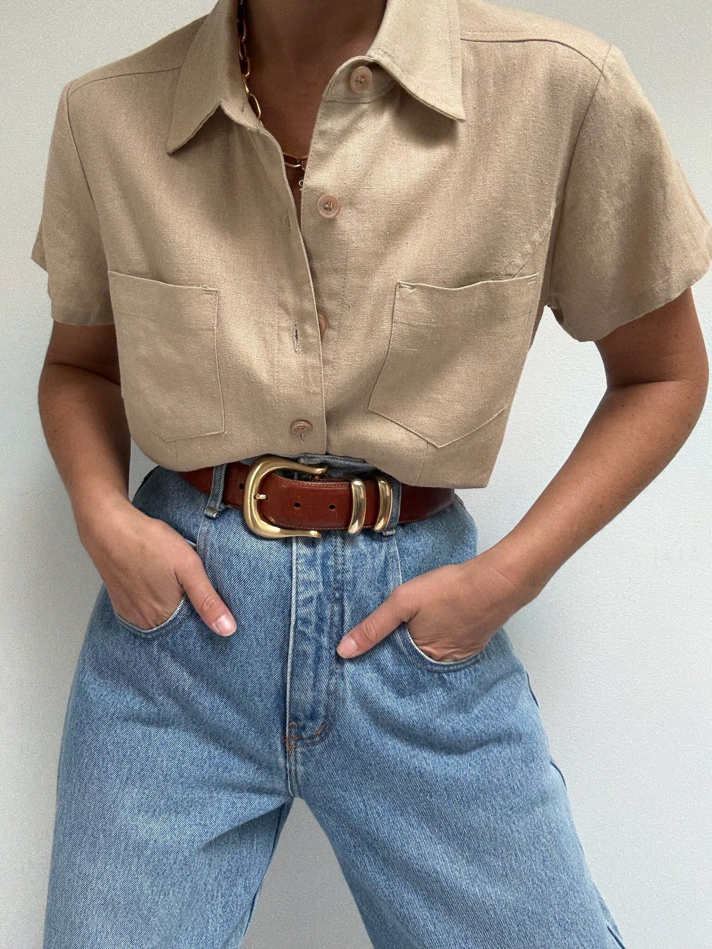 Vintage Almond Linen Blouse