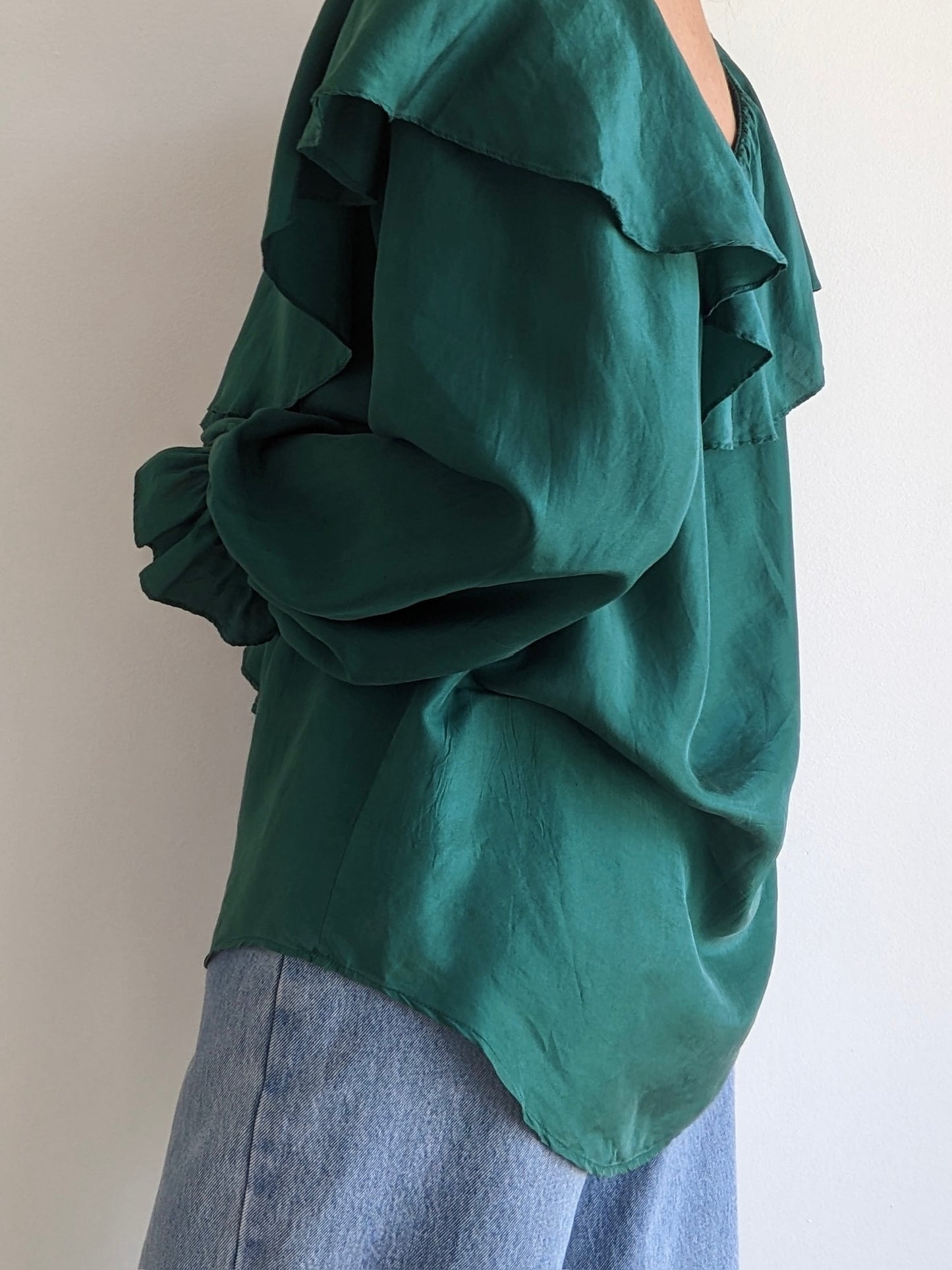 Incredible Vintage Emerald Ruffled Silk Blouse