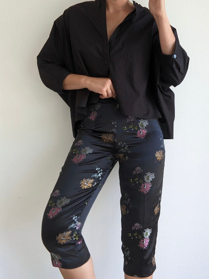 Vintage Floral-Embroidered Silk Capris