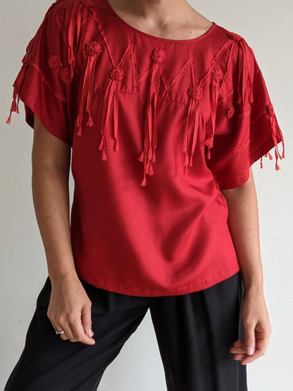 Amazing Vintage Rose & Tassel Appliqué Silk Top