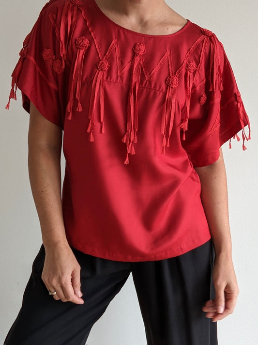 Amazing Vintage Rose & Tassel Appliqué Silk Top