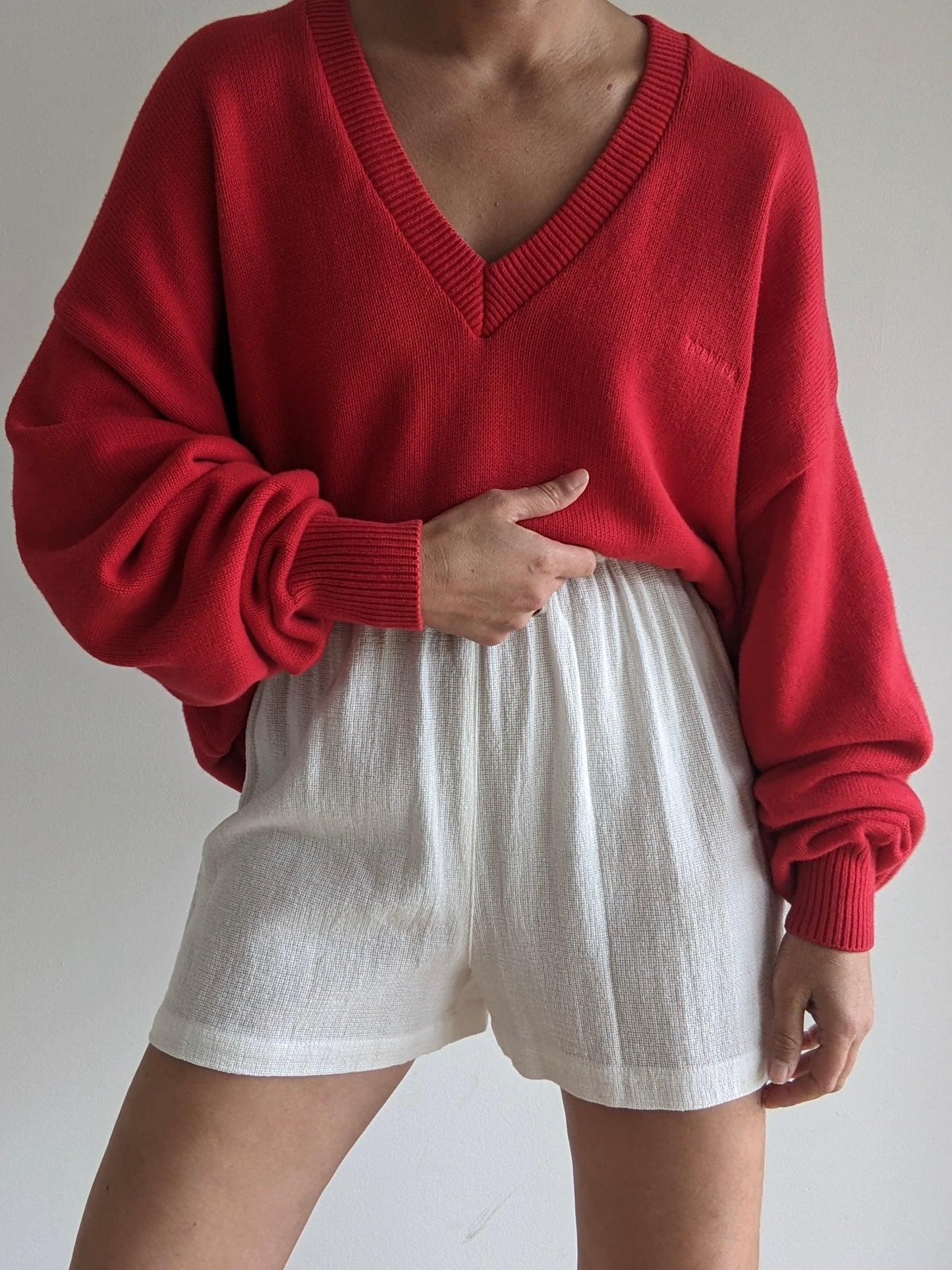 Vintage Red "Toshiba" Embroidered Cotton Sweater