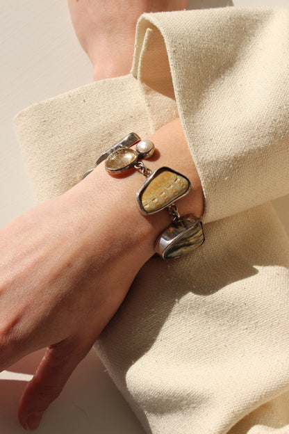 Amazing Vintage 925 Cabochon Stone & Pearl Toggle Bracelet