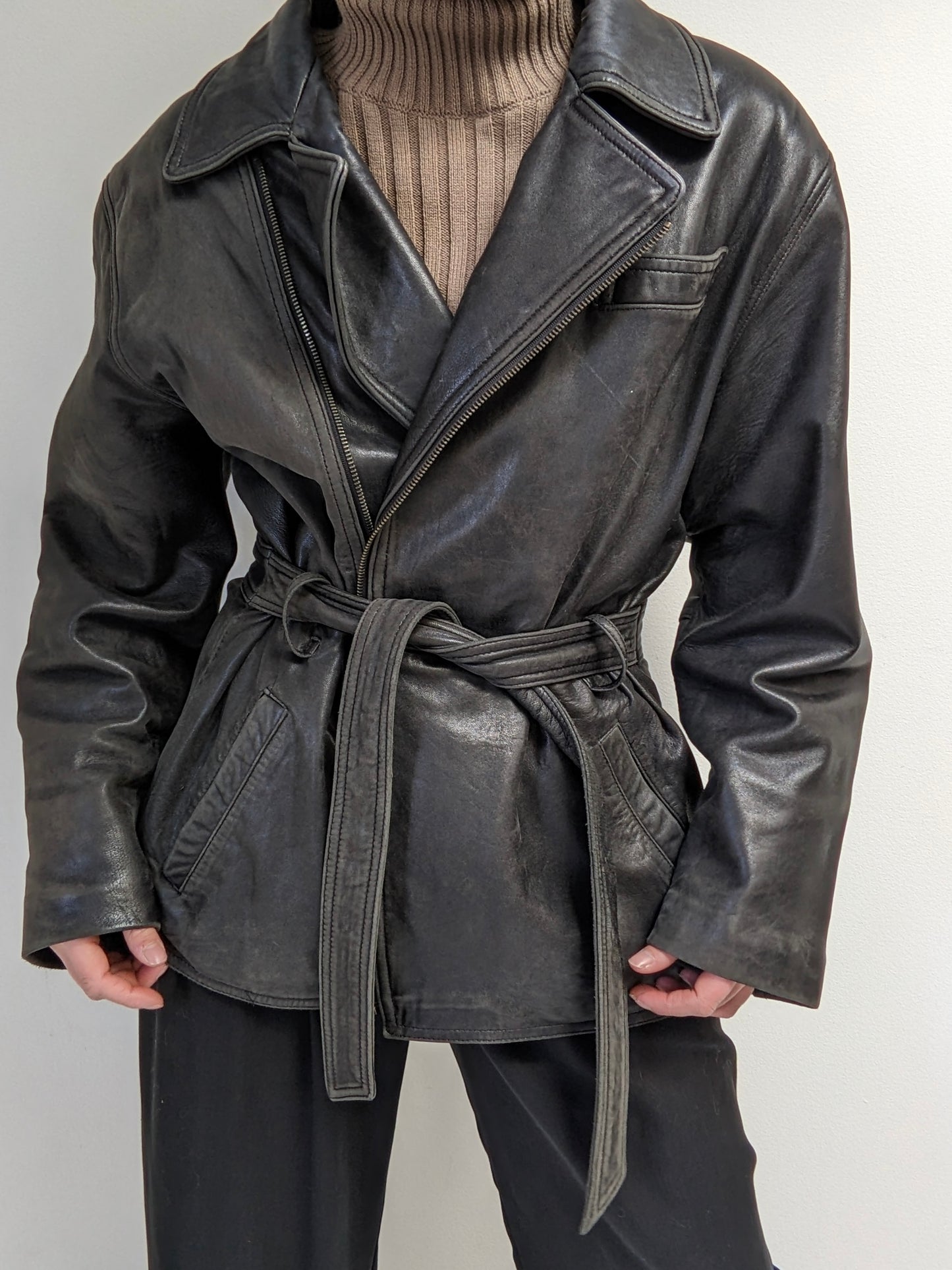 Vintage Faded Black Belted Lambskin Leather Coat
