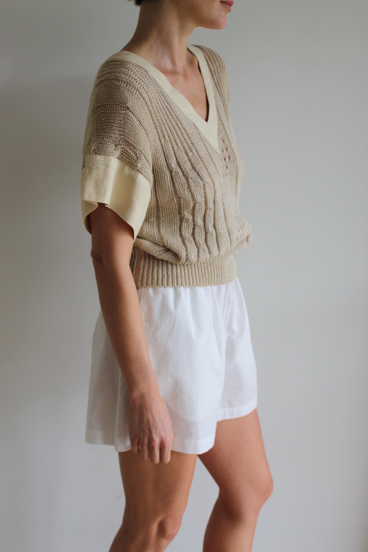 Vintage Linen Open Knit V-Neck Tee