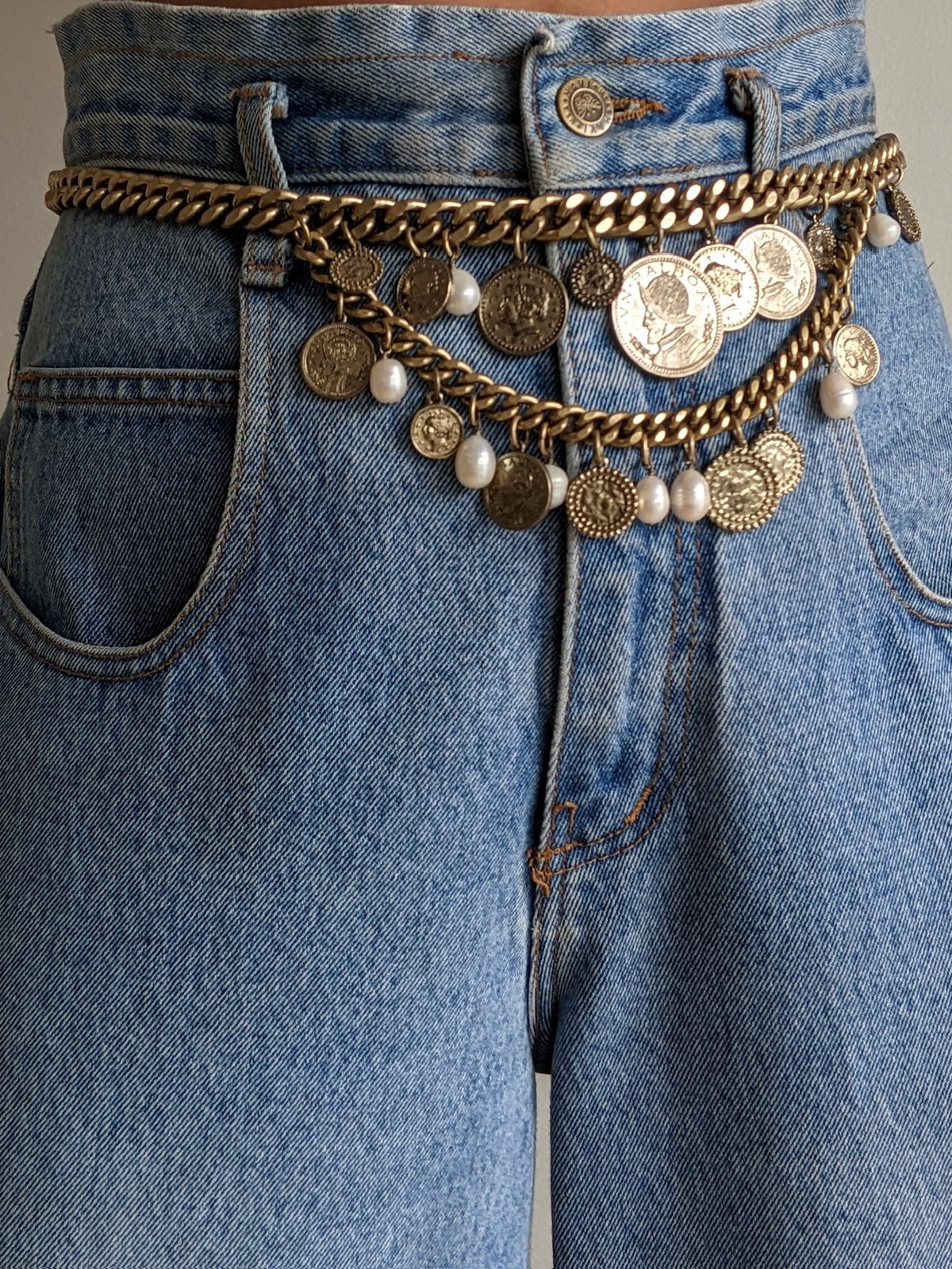 Statement Vintage Coin & Faux Pearl Chain Belt