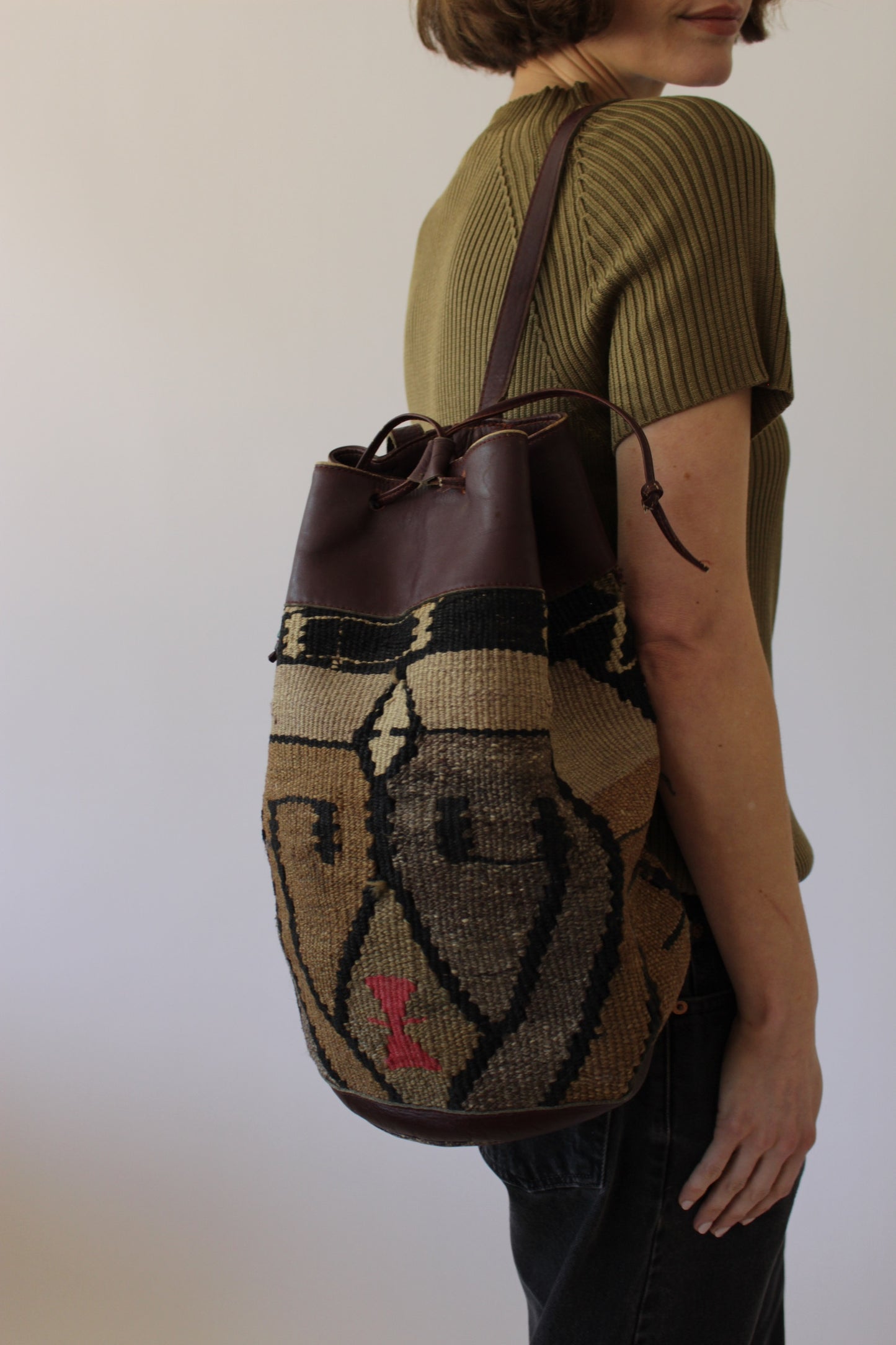 Vintage Printed Weave & Leather Bucket Bag