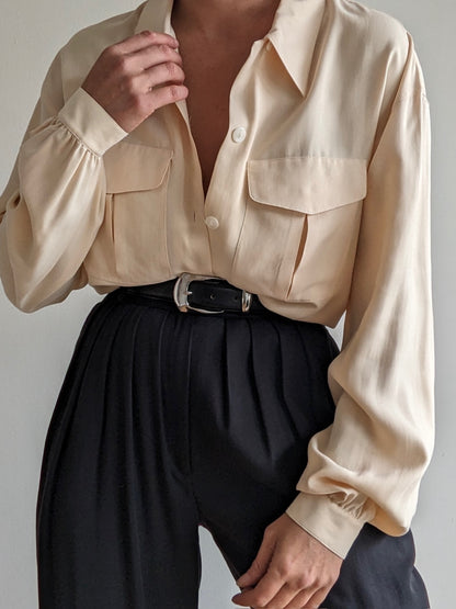Vintage Buttercream Silk Pocket Blouse