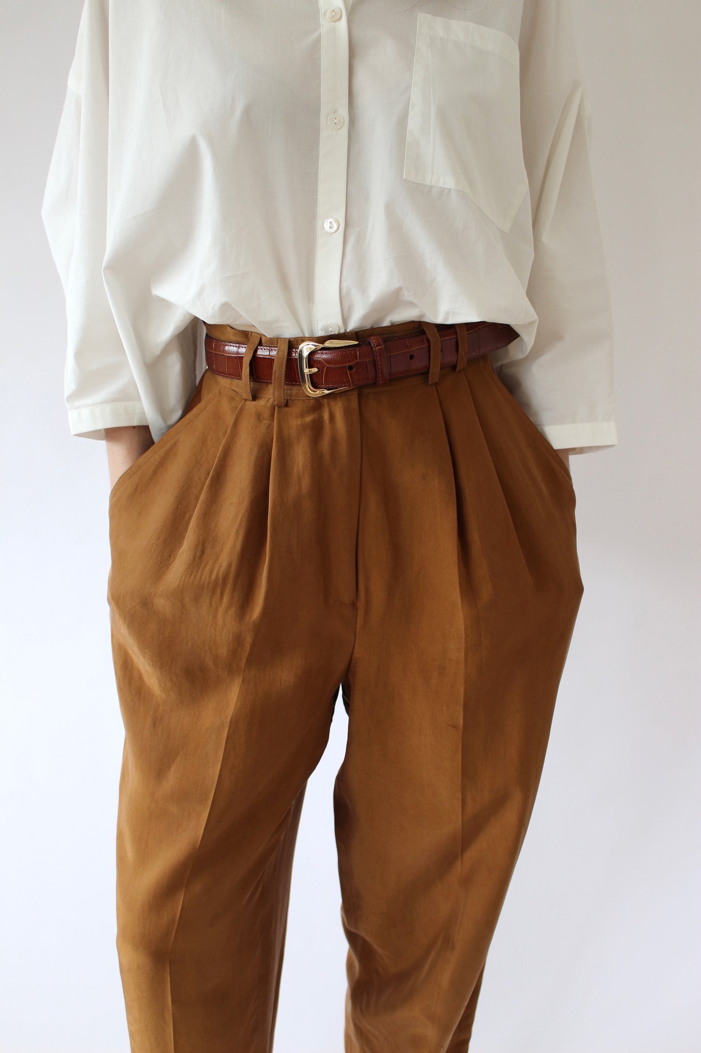 Vintage Toffee Pleated Silk Trousers