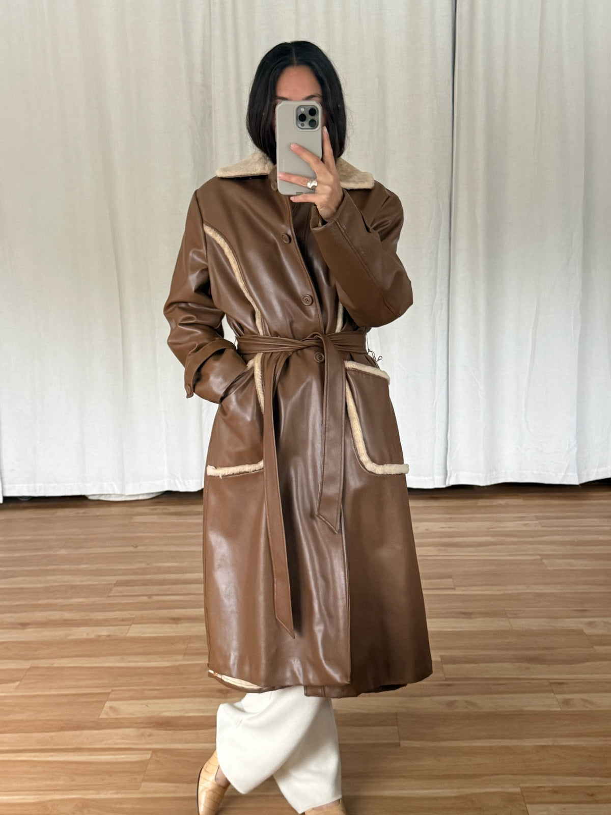 Vintage Chocoate Vegan Leather Belted Coat