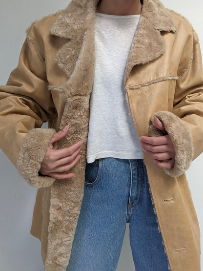 Vintage Guess Sand Leather & Faux Fur Coat