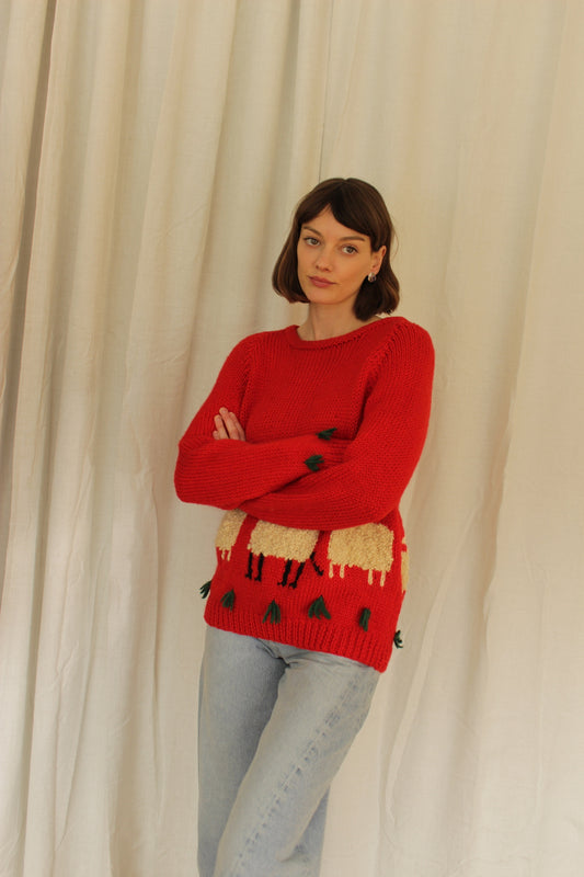 Vintage Hand Knit Sheep Patterned Wool Sweater