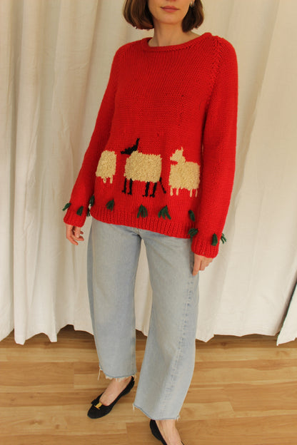 Vintage Hand Knit Sheep Patterned Wool Sweater