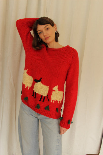 Vintage Hand Knit Sheep Patterned Wool Sweater
